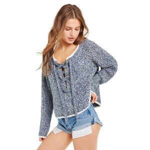 Wildfox Women's Size Small Blue White Lace Up Queen Oxford Oversized Sweater Top
